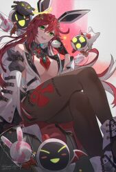 Rule 34 | 1girl, alternate costume, animal ears, breasts, candy, cleavage, spiked halo, crossed legs, detached sleeves, fake animal ears, food, guilty gear, guilty gear strive, halo, highres, jack-o&#039; valentine, large breasts, long hair, looking at viewer, midriff, multicolored hair, open clothes, open mouth, open shirt, pantyhose, puffy sleeves, rabbit ears, red hair, sitting, smile, two-tone hair, white footwear, white hair, youmicitrustea