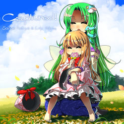 Rule 34 | 2girls, barefoot, blonde hair, blue sky, bow, candy, cape, captured, character name, child, closed eyes, cloud, day, detached sleeves, dress, fairy wings, field, flower, flower field, food, frog hair ornament, green hair, hair ornament, hat, hat bow, unworn hat, unworn headwear, hug, hug from behind, kochiya sanae, lily white, lollipop, long hair, long sleeves, multiple girls, open mouth, petals, pink dress, seiza, sitting, sitting on lap, sitting on person, sky, snake hair ornament, swirl lollipop, tongue, tongue out, touhou, umigarasu (kitsune1963), very long hair, wide sleeves, wings