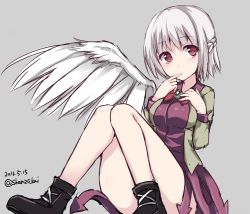 Rule 34 | 10s, 1girl, 2016, bare legs, boots, bow, bowtie, braid, breasts, convenient leg, dated, dress, finger to mouth, french braid, grey background, highres, jacket, kishin sagume, long sleeves, purple dress, red eyes, shamuichi, short dress, short hair, simple background, single wing, sitting, sketch, solo, touhou, twitter username, white hair, wings