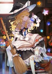 Rule 34 | 1girl, black bow, black footwear, black hat, black ribbon, black skirt, blonde hair, blue ribbon, blurry, blurry background, blush, book, book stack, bookmark, bottle, bow, braid, broom, commentary request, flask, glass, hair bow, hat, hat bow, holding, indoors, kirisame marisa, light particles, long hair, nuudoru, open mouth, puffy short sleeves, puffy sleeves, ribbon, ribbon-trimmed sleeves, ribbon trim, round-bottom flask, shoes, short sleeves, single braid, sitting, skirt, socks, solo, star (symbol), star print, touhou, white bow, white socks, window, witch hat, wrist cuffs, yellow eyes