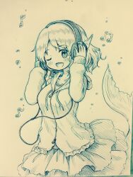 Rule 34 | 1girl, ;d, alternate costume, arinu, commentary request, drawstring, fins, head fins, headphones, highres, hood, hoodie, long sleeves, looking at viewer, monochrome, musical note, one eye closed, open mouth, short hair, smile, solo, touhou, traditional media, wakasagihime