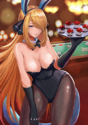 Rule 34 | 1girl, animal ears, ball, black gloves, blonde hair, blue eyes, blush, breasts, casino, cleavage, commentary request, creatures (company), curvy, cynthia (pokemon), elbow gloves, fake animal ears, female focus, fishnet pantyhose, fishnets, game freak, garchomp, gen 3 pokemon, gen 4 pokemon, gloves, hair between eyes, hair ornament, hair over one eye, highres, holding, holding plate, jojobirdz, leotard, long hair, looking at viewer, lucario, medium breasts, milotic, nintendo, pantyhose, plate, playboy bunny, poke ball, poke ball (basic), pokemon, pokemon (creature), pokemon dppt, pokemon ears, rabbit ears, rabbit girl, roserade, seductive smile, smile, solo, solo focus, spiritomb, tagme, thick thighs, thighs, togekiss, very long hair, wide hips