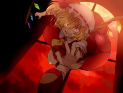 Rule 34 | &gt;:d, 1girl, :d, ascot, backlighting, blonde hair, crazy eyes, crystal, dress, fingernails, flandre scarlet, foreshortening, full moon, hat, hat ribbon, looking at viewer, matryoshka (borscht), mob cap, moon, moonlight, open mouth, reaching, reaching towards viewer, red dress, red eyes, red moon, red ribbon, ribbon, sharp fingernails, short sleeves, side ponytail, smile, solo, touhou, v-shaped eyebrows, wings
