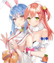 Rule 34 | 2girls, :o, absurdres, ahoge, animal ear fluff, animal ears, bare shoulders, bell, blue hair, blush, bow, braid, breasts, carrot, cosplay, costume switch, detached sleeves, flower, fur collar, gloves, hair bell, hair ornament, hair ribbon, hairclip, highres, hololive, jingle bell, long hair, long sleeves, looking at viewer, md5 mismatch, medium breasts, motsunuki, multicolored hair, multiple girls, one side up, open mouth, orange bow, orange hair, pink bow, pink flower, rabbit ears, rabbit girl, red eyes, red ribbon, resolution mismatch, ribbon, sakura miko, sakura miko (1st costume), sakura miko (cosplay), short sleeves, side braid, sideboob, simple background, small breasts, source smaller, strapless, tassel, thick eyebrows, two-tone hair, upper body, usada pekora, usada pekora (1st costume), usada pekora (cosplay), virtual youtuber, white background, white hair, wide sleeves, x hair ornament