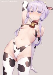 Rule 34 | 1girl, alternate costume, animal ears, animal print, arm behind back, arm up, armpits, bell, blush, breasts, closed mouth, collar, commentary, covered erect nipples, cow ears, cow print, cow print bikini, cowbell, elbow gloves, fake animal ears, fake horns, gloves, grey background, horns, mochi (mochi444420), navel, neck bell, print bikini, purple hair, red collar, short hair with long locks, simple background, skindentation, small breasts, solo, stomach, thighhighs, twitter username, vocaloid, voiceroid, yuzuki yukari