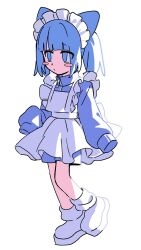 Rule 34 | 1girl, apron, bad id, bad twitter id, blue eyes, blue hair, blue jacket, blunt bangs, blush stickers, closed mouth, full body, highres, inactive account, jacket, jersey maid, long hair, long sleeves, maid, maid headdress, original, shoes, simple background, solo, standing, track jacket, turtleneck, turtleneck jacket, twintails, umipi, unconventional maid, white apron, white background, white footwear