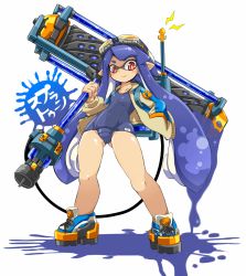 Rule 34 | 1girl, alternate weapon, blue hair, blush, dynamo roller, fang, full body, goggles, goggles on head, holding, inkling, inkling girl, inkling player character, jacket, karukan (monjya), long hair, nintendo, one-piece swimsuit, paint, paint roller, paint splatter, pointy ears, red eyes, revision, school swimsuit, simple background, solo, splat roller (splatoon), splatoon (series), splatoon 1, standing, swimsuit, tentacle hair, weapon
