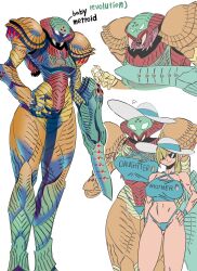 1girl 1other absurdres alternate_universe angry arm_cannon armor bikini blonde_hair blue_bikini breasts chick_print chicken_print cleavage collarbone fangs flustered flying_sweatdrops growling hand_on_own_hip hat height_difference highres looking_at_viewer metroid metroid_(creature) midriff mother_and_daughter navel nintendo nuclei orange_armor organs personification ponytail salamander_(popo51332877) samus_aran see-through_armor sharp_teeth shy smile smug step-mother_and_step-daughter sun_hat sunglasses swimsuit teeth toned_female weapon