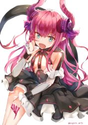 Rule 34 | 10s, 1girl, asymmetrical horns, black skirt, blue eyes, curled horns, dragon girl, dragon horns, dragon tail, elizabeth bathory (fate), elizabeth bathory (fate/extra ccc), elizabeth bathory (first ascension) (fate), fang, fate/extra, fate/extra ccc, fate (series), fingernails, highres, horns, long fingernails, long hair, looking at viewer, open mouth, pink hair, pointy ears, simple background, skirt, solo, supera, tail, twitter username, uneven horns, white background