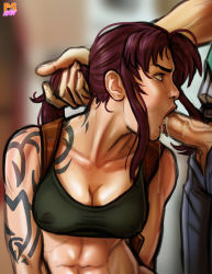 Rule 34 | 1boy, 1girl, abs, andava, arm tattoo, black lagoon, breasts, brown eyes, cleavage, collarbone, commentary, covered erect nipples, cum, cum in mouth, english commentary, erection, fellatio, grabbing another&#039;s hair, hair pulled back, head grab, hetero, highres, holster, large penis, lips, looking up, medium breasts, nose, okajima rokuro, oral, penis, ponytail, purple hair, revy (black lagoon), saliva, shoulder holster, shoulder tattoo, sidelocks, solo focus, sports bra, tattoo, thick eyebrows, tongue, tribal tattoo, uncensored, veins, veiny penis