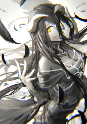 Rule 34 | albedo (overlord), black hair, choker, feathers, hand on own face, holysnow, horns, long hair, overlord (maruyama), slit pupils, smile, solo, wings, yellow eyes