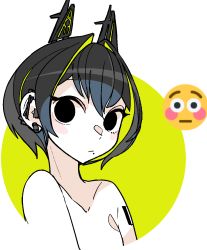 Rule 34 | 1girl, animal ears, black eyes, black hair, blush stickers, cat ears, closed mouth, colored inner hair, colored skin, completely nude, ear piercing, earrings, emoji, green background, idkuroi, jewelry, kokubunji suou, looking at viewer, mechanical ears, mole, mole under mouth, multicolored hair, nude, original, piercing, solo, streaked hair, white skin, wide-eyed