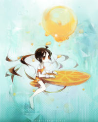 Rule 34 | 1girl, ahoge, aqua theme, arancia, bare shoulders, barefoot, borrowed character, brown eyes, bubble, blowing bubbles, character name, chibi, cuffs, detached sleeves, drinking straw, floating hair, food, fruit, halftone, halftone background, midriff, miniskirt, mitsugo (road after rain), orange (fruit), orange eyes, orange skirt, orange theme, original, puffy sleeves, sitting, skirt, solo, twintails