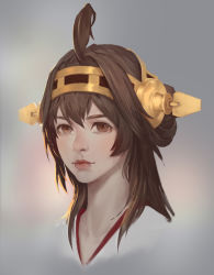 Rule 34 | 10s, 1girl, ahoge, backlighting, bad id, bad pixiv id, brown eyes, brown hair, chou xxx, double bun, gradient background, grey background, hair bun, hairband, headgear, highres, kantai collection, kongou (kancolle), lips, lipstick, long hair, looking at viewer, makeup, nontraditional miko, nose, portrait, realistic, solo