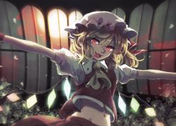 Rule 34 | 1girl, bad id, bad pixiv id, breasts, commentary request, crystal, fangs, flandre scarlet, hair between eyes, hat, looking at viewer, miyaoi, mob cap, navel, outstretched arms, short hair, small breasts, solo, touhou, vampire