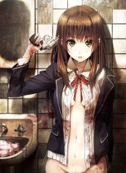 Rule 34 | 1girl, blazer, blood, blouse, bottomless, breasts, brown hair, dripping, eyelashes, female focus, fingernails, groin, gun, gun to head, handgun, highres, holding, holding gun, holding weapon, ikeda yasuhiro, indoors, jacket, lips, long fingernails, long hair, looking at viewer, nail polish, navel, no bra, open clothes, open mouth, open shirt, original, out-of-frame censoring, red nails, revolver, school uniform, shirt, sink, small breasts, solo, standing, suicide, tears, tiles, uniform, weapon, yellow eyes