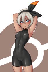 Rule 34 | 1girl, absurdres, armpits, arms up, bea (pokemon), black bodysuit, blue eyes, bodysuit, breasts, cameltoe, closed mouth, collarbone, covered erect nipples, covered navel, cowboy shot, creatures (company), dark-skinned female, dark skin, female focus, game freak, gym leader, hair between eyes, highres, logo, looking to the side, medium breasts, nintendo, pokemon, pokemon swsh, rob ishi, short hair, silver hair, skin tight, solo, standing, two-tone background, white background