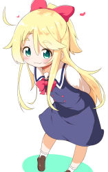 Rule 34 | 1girl, arms behind back, blonde hair, blue dress, blush, bobby socks, bow, brown footwear, closed mouth, colored shadow, commentary request, dress, green eyes, hair between eyes, hair bow, heart, highres, himesaka noa, leaning forward, loafers, long hair, makuran, ponytail, red bow, sailor collar, school uniform, shadow, shirt, shoes, sleeveless, sleeveless shirt, smile, socks, solo, very long hair, watashi ni tenshi ga maiorita!, white background, white sailor collar, white shirt, white socks