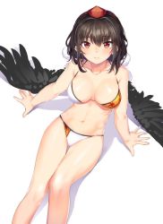 Rule 34 | 1girl, bare arms, bare legs, bikini, black hair, black wings, breasts, cibo (killy), cleavage, closed mouth, feathers, hat, large breasts, looking at viewer, navel, pom pom (clothes), red eyes, shameimaru aya, short hair, simple background, sitting, smile, solo, stomach, swimsuit, tokin hat, touhou, white background, white bikini, wings