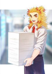Rule 34 | 1boy, black pants, blonde hair, blurry, blurry background, colored tips, forked eyebrows, highres, holding, holding paper, kimetsu gakuen, kimetsu no yaiba, male focus, multicolored hair, necktie, open mouth, pants, paper, red hair, red necktie, remsor076, rengoku kyoujurou, shirt, smile, solo, teeth, two-tone hair, upper teeth only, white shirt