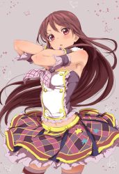 Rule 34 | 10s, 1girl, aikatsu!, aikatsu! (series), arm strap, armpits, bare shoulders, brown hair, brown thighhighs, buttons, checkered clothes, checkered skirt, clearite, contrapposto, frilled skirt, frills, gloves, grey background, head tilt, idol, long hair, looking at viewer, midriff, navel, open mouth, purple eyes, red skirt, shibuki ran, sidelocks, simple background, skirt, standing, thighhighs, triangle mouth, zettai ryouiki