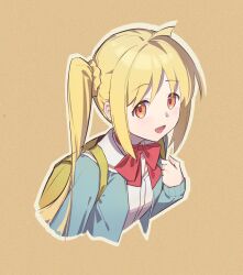 Rule 34 | 1girl, absurdres, ahoge, backpack, bag, bh zhu baihe hua, blonde hair, blue jacket, bocchi the rock!, breasts, commentary request, cropped torso, highres, ijichi nijika, jacket, long hair, long sleeves, looking at viewer, open clothes, open jacket, open mouth, orange eyes, outline, sailor collar, shirt, side ponytail, sidelocks, small breasts, smile, solo, upper body, white outline, white shirt, yellow background