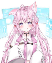 Rule 34 | 1girl, absurdres, animal ear fluff, animal ears, antenna hair, blush, braid, closed mouth, commentary request, crown braid, hakui koyori, head tilt, highres, holographic monitor, hololive, looking at viewer, necktie, pink hair, pink necktie, purple eyes, rein (sakuramio), sleeves past fingers, sleeves past wrists, smile, solo, tongue, tongue out, upper body, virtual youtuber, white background