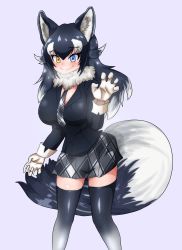Rule 34 | 1girl, absurdres, animal ear fluff, animal ears, artist request, black hair, blue eyes, blush, breast pocket, breasts, fur collar, gloves, grey wolf (kemono friends), heterochromia, highres, kemono friends, large breasts, looking at viewer, multicolored hair, necktie, plaid necktie, pocket, smile, solo, steam, tail, thighhighs, two-tone hair, white gloves, white hair, wolf ears, wolf girl, wolf tail, yellow eyes, zettai ryouiki