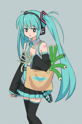 1girl arm_tattoo bag bare_shoulders black_eyes black_skirt black_thighhighs blue_background blue_hair blue_necktie bright_pupils detached_sleeves eyeball feet_out_of_frame hatsune_miku headphones highres jitome necktie nerio_(neri_akira) number_tattoo pleated_skirt shopping_bag simple_background skirt solo spring_onion tattoo thighhighs tie_clip twintails vocaloid white_pupils wing_collar zettai_ryouiki