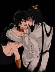 Rule 34 | 2boys, after kiss, arabian clothes, black background, black hair, blue hair, blush, bracer, braid, chinese clothes, chinese commentary, crop top, face-to-face, faceless, fang, grabbing another&#039;s chin, hair ornament, hand on another&#039;s chin, hand on another&#039;s face, highres, jewelry, judal, long hair, looking at another, magi the labyrinth of magic, male focus, meng ziya, midriff, multiple boys, navel, neck ring, open mouth, red eyes, ren hakuryuu, robe, saliva, saliva trail, shawl, short hair, short sleeves, simple background, single braid, stomach, sweatdrop, toned, toned male, tongue, wand, white robe, yaoi