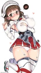 Rule 34 | 10s, 1girl, 2015, blush, breasts, brown eyes, brown hair, capelet, corset, covered erect nipples, dated, deep skin, detached sleeves, eyewear strap, garter straps, glasses, hand on breast, heart, highres, image sample, impossible clothes, kantai collection, knees together feet apart, kuro chairo no neko, large breasts, long sleeves, looking away, md5 mismatch, panties, pantyshot, paw print, pince-nez, resolution mismatch, roma (kancolle), short hair, simple background, solo, source larger, speech bubble, spoken blush, thighhighs, twitter username, underwear, white background, white panties
