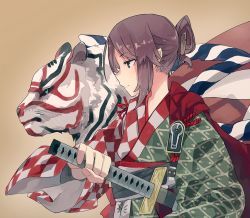 Rule 34 | 1girl, brown hair, cape, folded ponytail, green eyes, hitogome, hitomai, holding, holding sword, holding weapon, japanese clothes, kimono, obi, original, pointy ears, profile, sash, sheath, sheathed, solo, sword, tiger, weapon