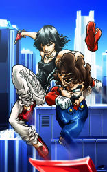 Rule 34 | 1boy, 1girl, angry, black hair, blue eyes, brown hair, building, clash, day, facial hair, faith connors, full body, gloves, hand on another&#039;s head, hat, height difference, highres, jumping, lipstick, makeup, mario, mario (series), mirror&#039;s edge, mirror&#039;s edge (series), mustache, nintendo, serious, shirt, shoes, short hair, sleeveless, sleeveless shirt, smug, super mario bros. 1, tattoo
