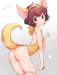 Rule 34 | 1girl, animal ears, ass, backless swimsuit, bad id, bad twitter id, bare back, breasts, brown eyes, brown hair, dated, fox ears, fox tail, from behind, gradient background, headband, konbu wakame, looking at viewer, looking back, one-piece swimsuit, orange one-piece swimsuit, original, paw pose, short hair, small breasts, solo, star (symbol), star print, swimsuit, tail
