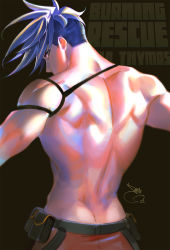 Rule 34 | 1boy, asymmetrical hair, bae (baebae), blue hair, butt crack, detached sleeves, from behind, galo thymos, highres, looking at viewer, looking back, male focus, promare, sidecut, single detached sleeve, solo, spiked hair, topless male, undercut