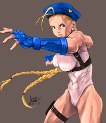 Rule 34 | 1girl, alternate color, antenna hair, beret, blue eyes, blue gloves, blue hat, braid, breasts, cammy white, clenched hand, commentary request, covered erect nipples, dated, elbow gloves, facial scar, fighting stance, forehead, gloves, harness, hat, highres, holster, impossible clothes, impossible leotard, large breasts, leotard, long hair, looking at viewer, mimiyama kiichi, muscular, muscular female, player 2, scar, scar on cheek, scar on face, solo, street fighter, street fighter v, thick thighs, thigh holster, thighs, twin braids, white leotard