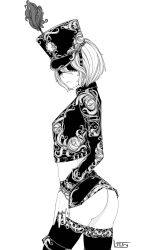 Rule 34 | 1girl, absurdres, alternate costume, ass, black blindfold, black thighhighs, blindfold, covered erect nipples, covered eyes, from side, greyscale, hat, highres, jewelry, long sleeves, ltstry, monochrome, nier:automata, nier (series), ring, short hair, signature, simple background, solo, thighhighs, white background, white hair, 2b (nier:automata)
