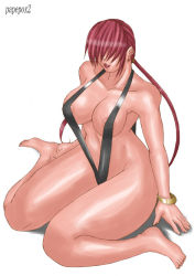 Rule 34 | 1girl, bikini, bracelet, breasts, earrings, female focus, full body, hair over eyes, jewelry, large breasts, papepox2, shermie (kof), snk, solo, string bikini, swimsuit, the king of fighters, twintails, white background
