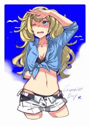 Rule 34 | 1girl, absurdres, adapted costume, bikini, bikini under clothes, black bikini, blonde hair, blue eyes, blue shirt, blue sky, breasts, chimaki., cleavage, cloud, collared shirt, cowboy shot, day, gambier bay (kancolle), hairband, highres, kantai collection, large breasts, one eye closed, outdoors, shading eyes, shirt, short shorts, shorts, side-tie bikini bottom, sky, solo, standing, swimsuit, swimsuit under clothes, tied shirt, twintails