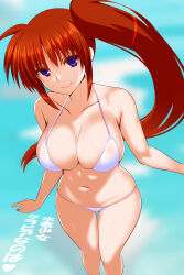 Rule 34 | 1girl, bikini, blue sky, breasts, brown hair, cleavage, cloud, collarbone, commentary request, engo (aquawatery), feet out of frame, from behind, highres, large breasts, long hair, lyrical nanoha, mahou shoujo lyrical nanoha strikers, purple eyes, side ponytail, sky, solo, standing, swimsuit, takamachi nanoha, translation request, white bikini
