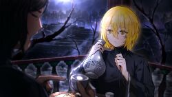 Rule 34 | 2girls, black shirt, blonde hair, brown hair, chopsticks, closed mouth, cup, don quixote (project moon), eating, game cg, hair between eyes, highres, holding, holding chopsticks, holding cup, indoors, limbus company, long sleeves, multiple girls, nai ga, official art, open mouth, orange eyes, outis (project moon), project moon, railing, scar, scar on face, scar on hand, shirt, short hair, sitting, solo focus, turtleneck shirt, wooden railing