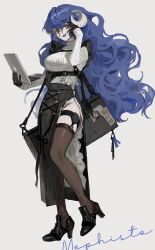 Rule 34 | 1girl, bag, black footwear, black gloves, black skirt, blue hair, breasts, brown thighhighs, computer, fang, frost fog, full body, garter straps, gloves, grey background, high heels, highres, holding, holding laptop, horns, id card, laptop, large breasts, long hair, long sleeves, looking at viewer, mole, mole under mouth, original, ribbed sweater, side slit, simple background, skirt, solo, standing, sweater, thighhighs, turtleneck, turtleneck sweater, very long hair, white sweater