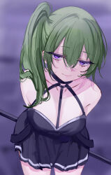 Rule 34 | 1girl, absurdres, arms behind back, bare shoulders, black dress, blurry, blurry background, breasts, cleavage, closed mouth, collarbone, cowboy shot, double-parted bangs, dress, green hair, hair between eyes, halterneck, highres, holding, holding polearm, holding weapon, large breasts, leaning forward, long hair, mile (off8mile), polearm, purple eyes, side ponytail, smile, solo, sousou no frieren, ubel (sousou no frieren), weapon, weapon on back