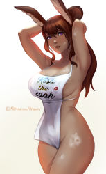 Rule 34 | 1girl, animal ear fluff, animal ears, apron, armpits, arms behind head, arms up, artist name, bare arms, bare shoulders, breasts, brown hair, clothes writing, cowboy shot, dark-skinned female, dark skin, english text, feet out of frame, final fantasy, final fantasy xiv, gradient background, highres, holy meh, large breasts, lips, naked apron, original, parted lips, patreon logo, patreon username, purple eyes, rabbit ears, sideboob, sidelocks, square enix, thick thighs, thighs, viera, watermark, web address