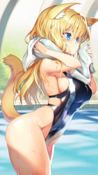 Rule 34 | 1girl, animal ear fluff, animal ears, artist name, black one-piece swimsuit, blonde hair, blue eyes, breasts, competition swimsuit, hair between eyes, highres, holding, holding towel, long hair, looking away, medium breasts, mitake eil, one-piece swimsuit, original, pool, solo, swimsuit, tail, thighs, towel, two-tone swimsuit, water, wet, white one-piece swimsuit