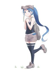 Rule 34 | 1girl, alternate costume, backpack, bag, black shirt, black thighhighs, blue eyes, blue hair, casual, commentary request, gradient hair, grey footwear, grey shorts, kantai collection, long hair, looking at viewer, multicolored hair, ponytail, samidare (kancolle), shirt, shoes, shorts, simple background, sleeveless, sleeveless shirt, sneakers, solo, standing, standing on one leg, swept bangs, tamu (mad works), thighhighs, very long hair, white background