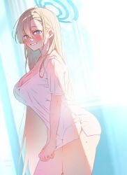 Rule 34 | 1girl, :d, asuna (blue archive), blonde hair, blue archive, blush, breasts, cleavage, halo, highres, indoors, itsk ne, large breasts, long hair, looking at viewer, looking to the side, no pants, open mouth, shirt, shirt tug, smile, solo, sunlight, sweat, very long hair, white shirt