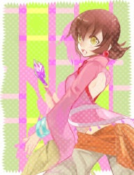 Rule 34 | 1girl, annie barrs, back cutout, bad id, bad pixiv id, bare back, bracelet, brown hair, clothing cutout, earrings, flipped hair, green eyes, hyakuhachi (over3), jewelry, solo, staff, tales of (series), tales of rebirth