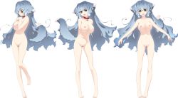 Rule 34 | 1girl, :o, absurdres, akata itsuki, animal ears, barefoot, blue hair, blush, breasts, censored, collar, full body, highres, kokoro rista!, large breasts, long hair, looking at viewer, mosaic censoring, multiple views, myuti, navel, nipples, open mouth, pussy, tail, transparent background, yellow eyes