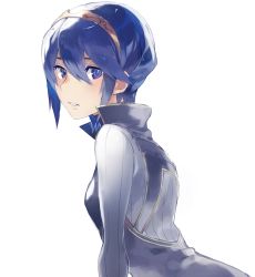 Rule 34 | 1girl, aisutabetao, alternate hair length, alternate hairstyle, blue eyes, blue hair, breasts, fire emblem, fire emblem awakening, leaning forward, looking at viewer, looking back, lucina (fire emblem), nintendo, parted lips, short hair, small breasts, solo, white background